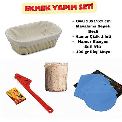 Ekmek Yapım Seti 28 cm Oval Bezli Sepetli 100 gr Ekşi Mayalı - 1